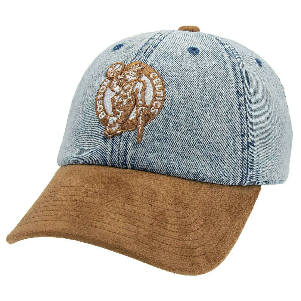 Boston Celtics Denim Suede 1904 Strapback NBA Cap Blue/Brown - Taass for sale
