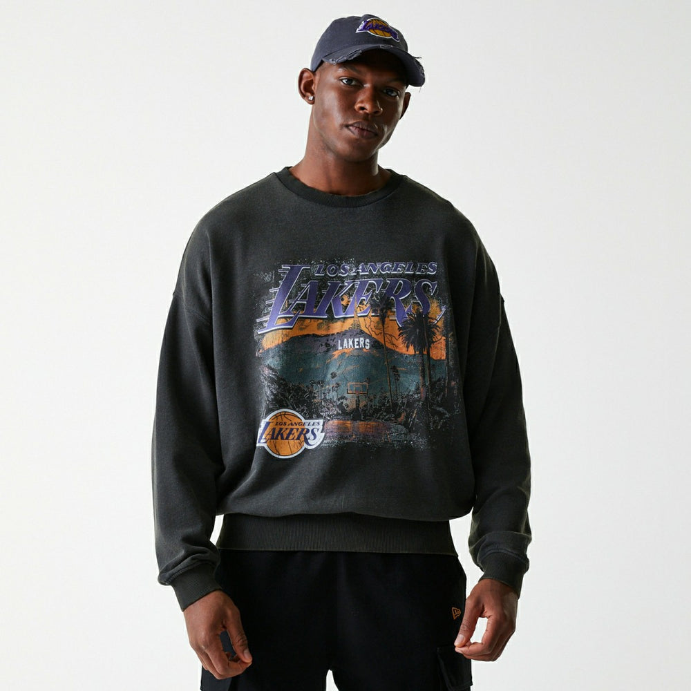 Los Angeles Lakers Washed Oversized NBA Crew Neck Sweater Dark Gray - Taass Online