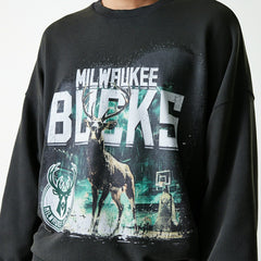 Milwaukee Bucks Washed Oversized NBA Crew Neck Sweater Dark Gray - Taass outlet