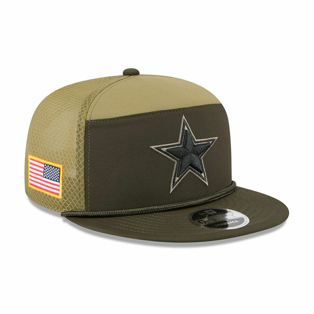 Dallas Cowboys 2025 NFL Salute to Service 9FIFTY Split Panel Trucker Snapback Cap Olive - Taass Online