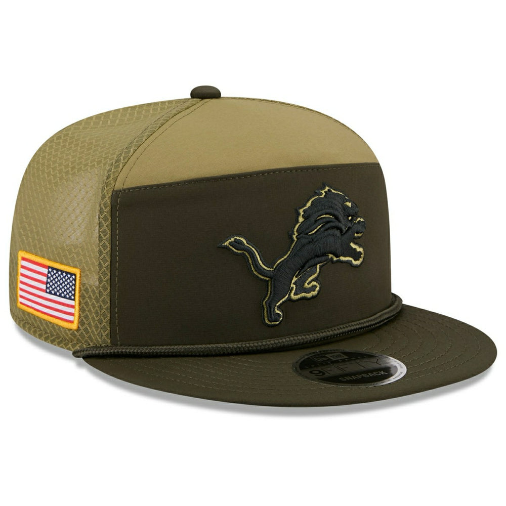 Detroit Lions 2025 NFL Salute to Service 9FIFTY Split Panel Trucker Snapback Cap Olive - Taass US