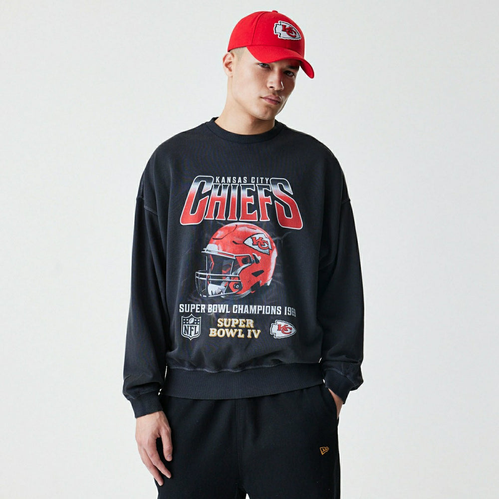 Kansas City Chiefs Washed Oversized NFL Crew Neck Sweater Black - Taass discount