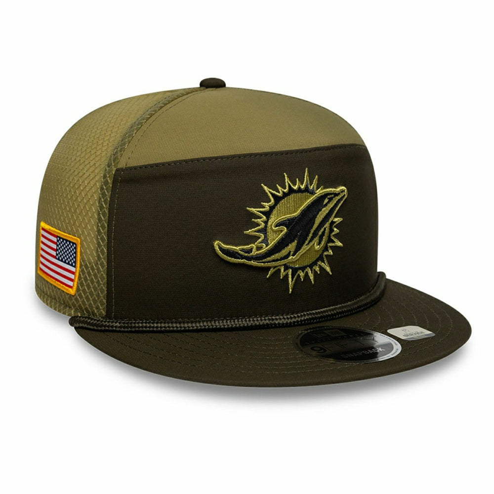 Miami Dolphins 2025 NFL Salute to Service 9FIFTY Split Panel Trucker Snapback Cap Olive - Taass Online