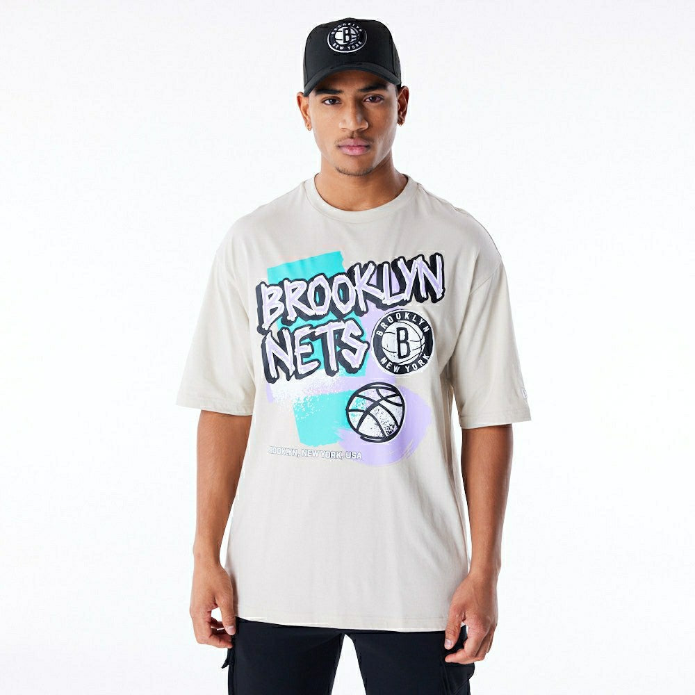 Brooklyn Nets Retro New Era Oversized NBA T-Shirt Beige - Taass discount