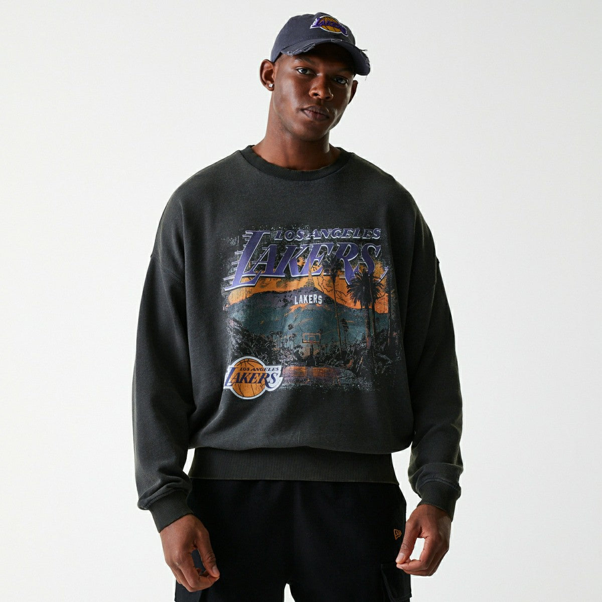 Los Angeles Lakers Washed Oversized NBA Crew Neck Sweater Dark Gray - Taass Online
