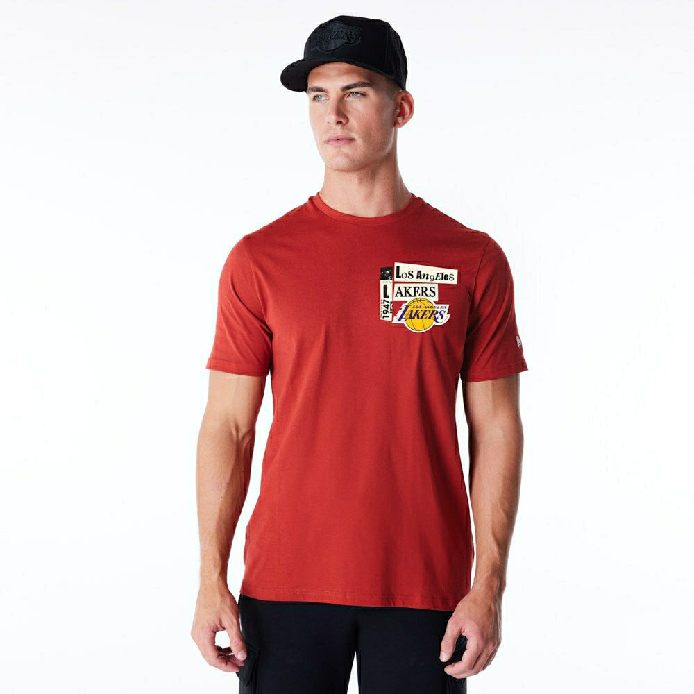Los Angeles Lakers Newspaper Script New Era NBA T-Shirt Red - Taass on sale