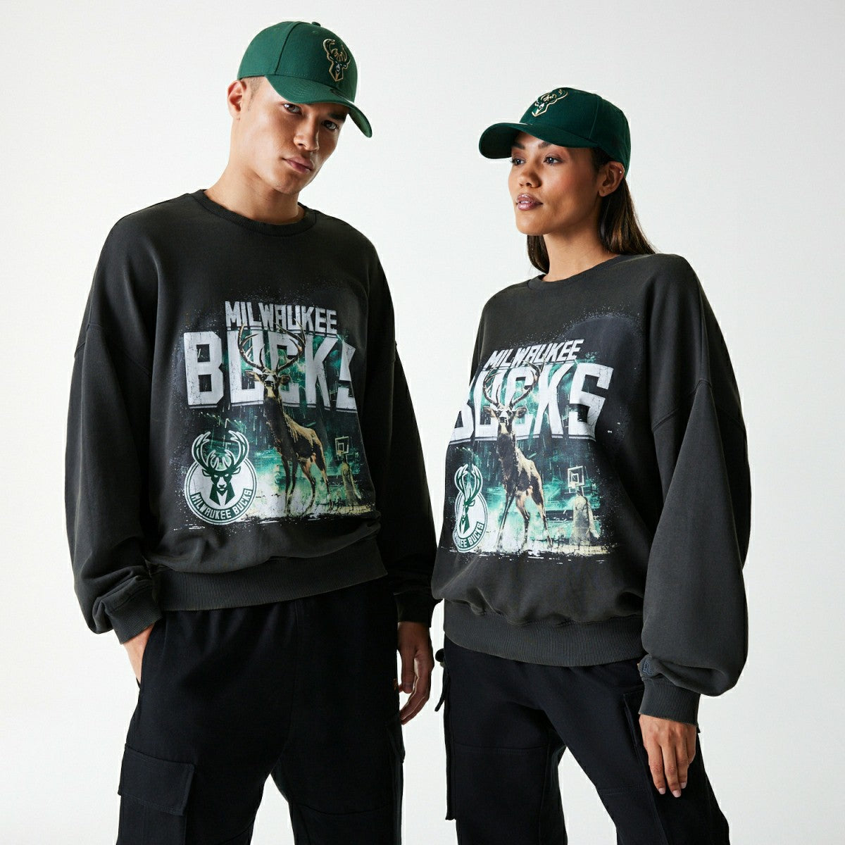 Milwaukee Bucks Washed Oversized NBA Crew Neck Sweater Dark Gray - Taass outlet