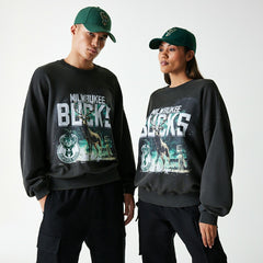 Milwaukee Bucks Washed Oversized NBA Crew Neck Sweater Dark Gray - Taass outlet