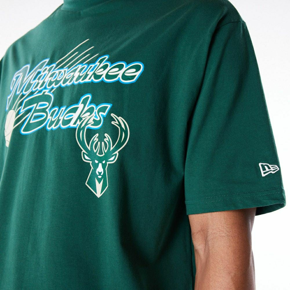 Milwaukee Bucks Script New Era Oversized NBA T-Shirt Green - Taass for sale
