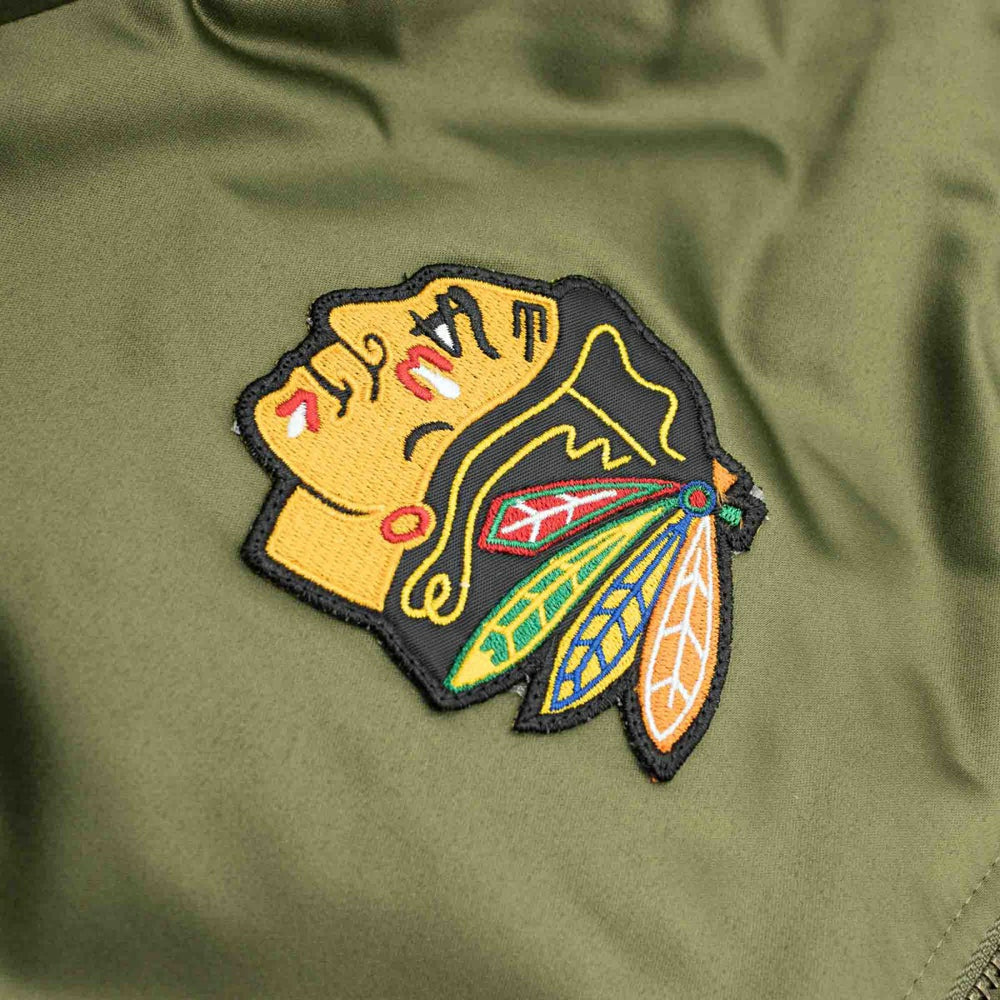 Chicago Blackhawks Olive Mitchell & Ness Heavyweight Satin NHL Jacket - Taass outlet