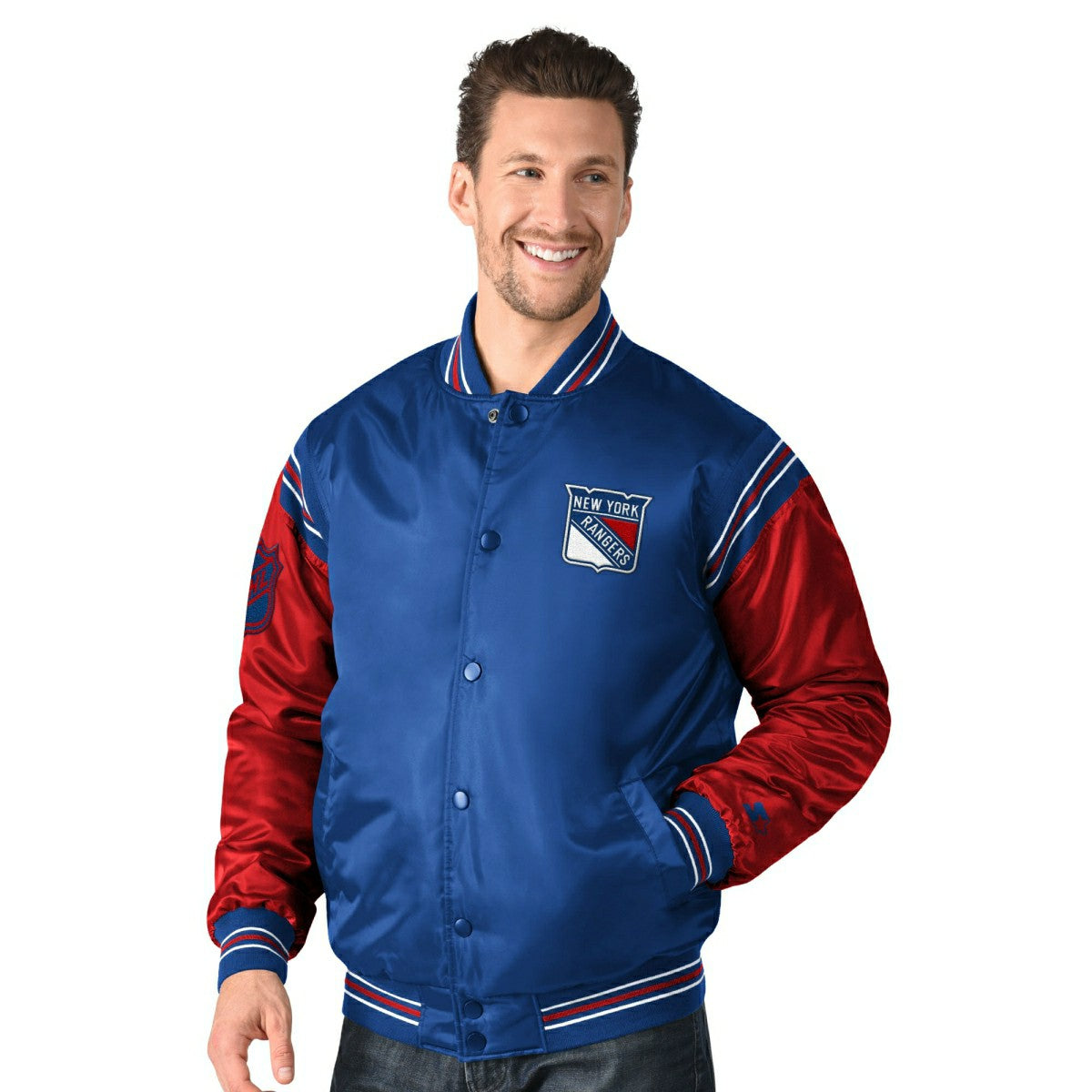 New York Rangers Enforcer NHL Varsity Satin Jacket - Taass outlet