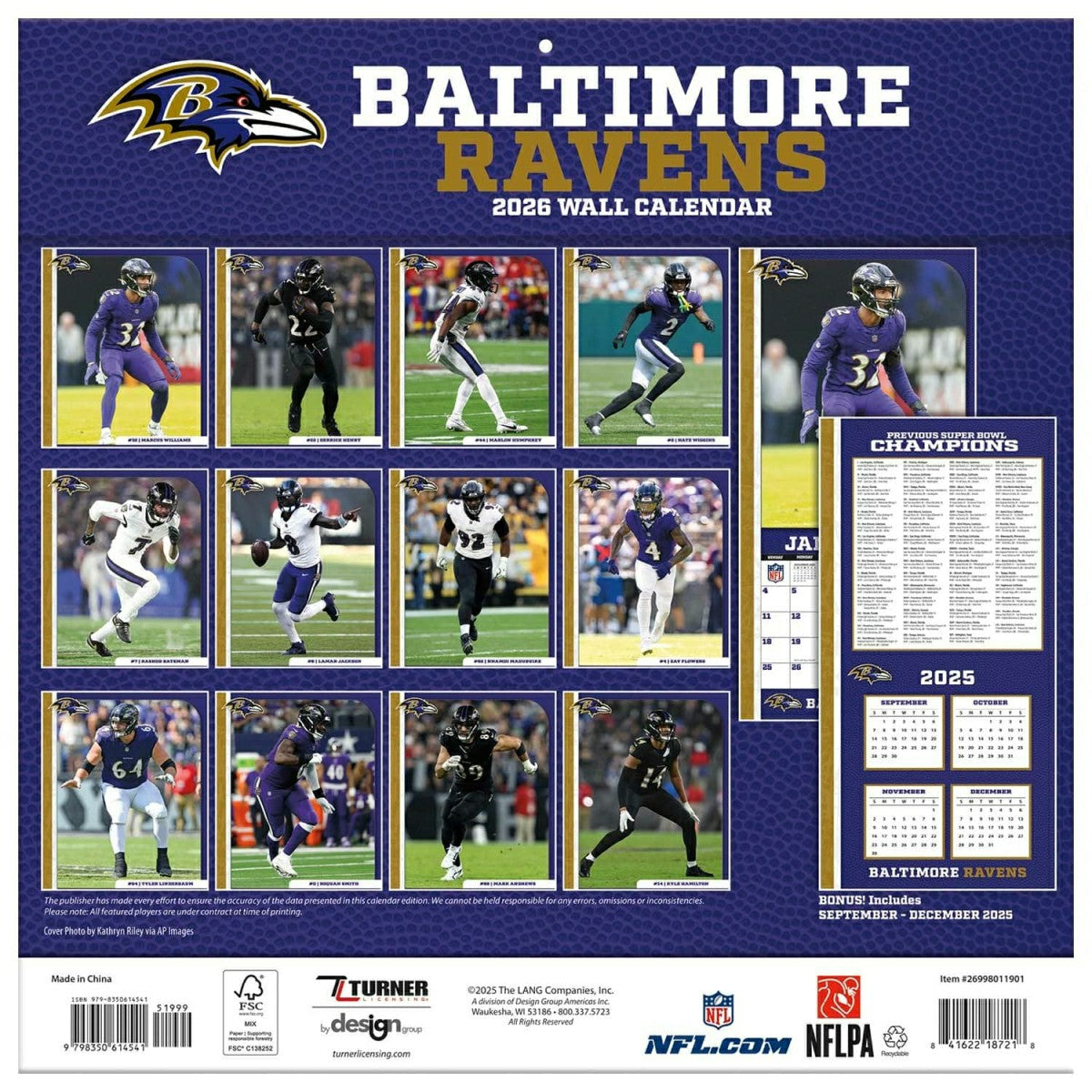 Baltimore Ravens 2026 Team NFL Wall Calendar - Taass for sale
