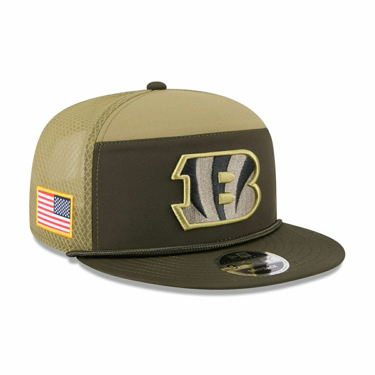 Cincinnati Bengals 2025 NFL Salute to Service 9FIFTY Split Panel Trucker Snapback Cap Olive - Taass on sale