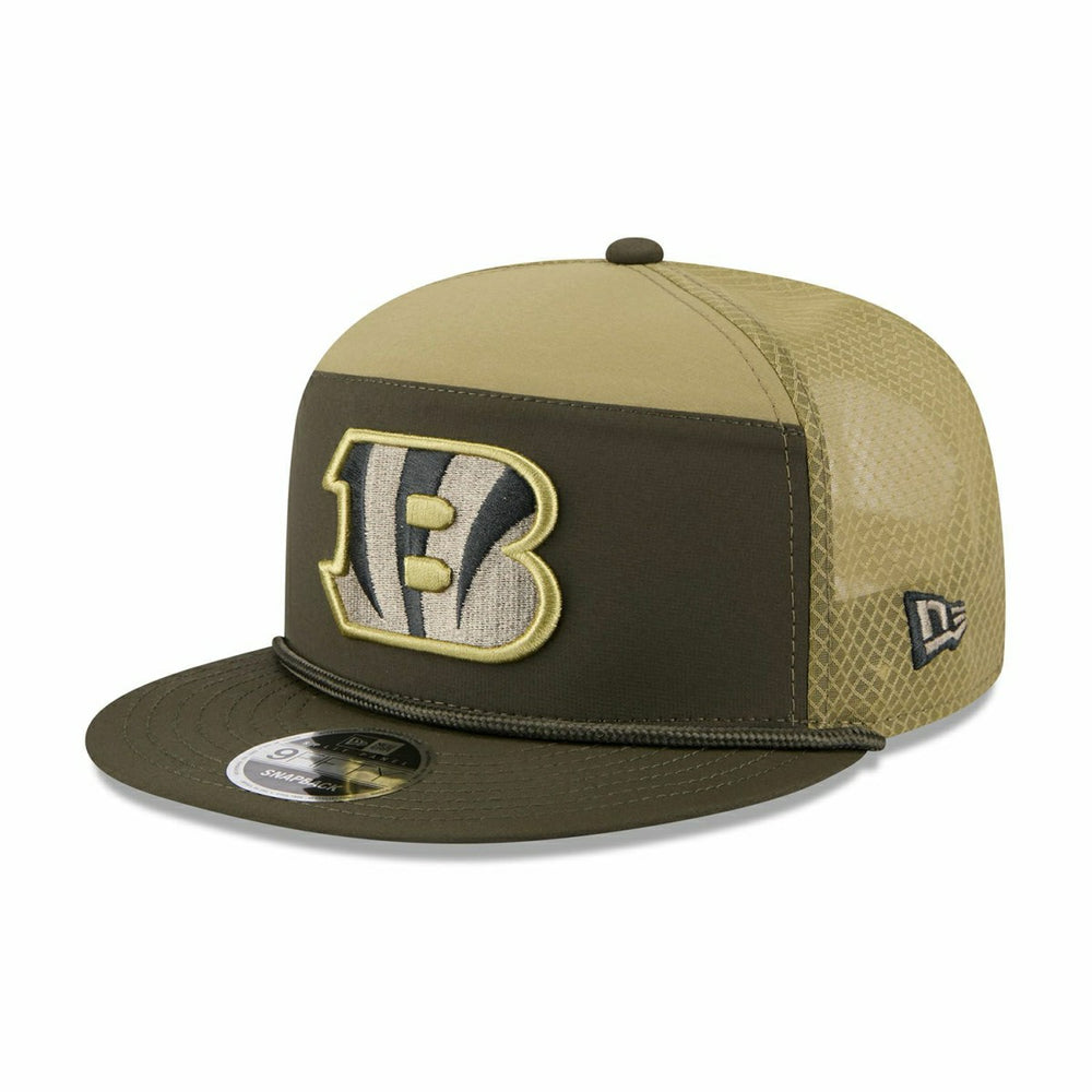 Cincinnati Bengals 2025 NFL Salute to Service 9FIFTY Split Panel Trucker Snapback Cap Olive - Taass on sale
