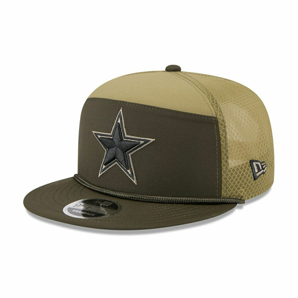 Dallas Cowboys 2025 NFL Salute to Service 9FIFTY Split Panel Trucker Snapback Cap Olive - Taass Online