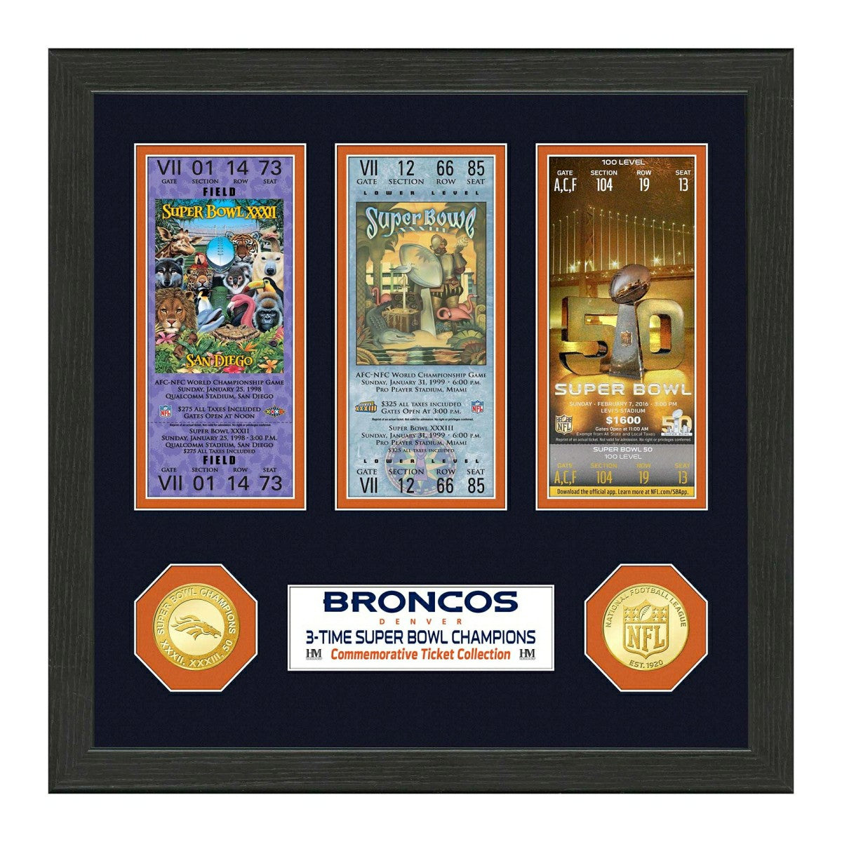 Denver Broncos 3-Time Super Bowl Champions Tickets Bronze Coins Framed NFL Photo - Taass Online