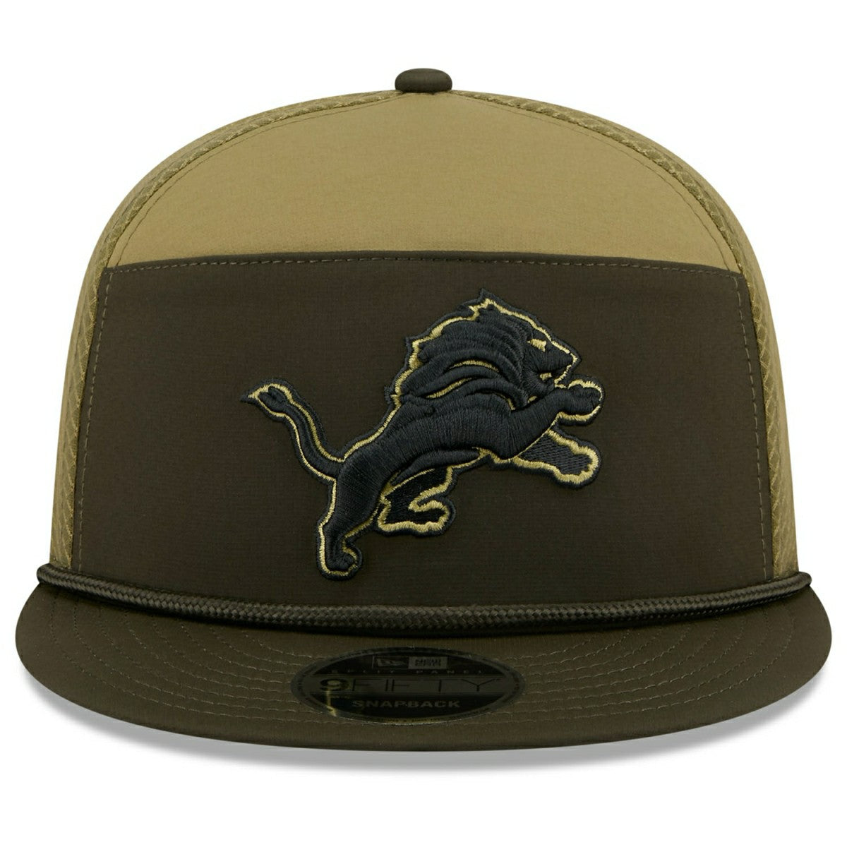 Detroit Lions 2025 NFL Salute to Service 9FIFTY Split Panel Trucker Snapback Cap Olive - Taass US