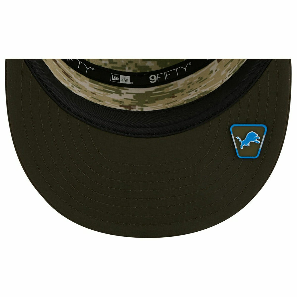 Detroit Lions 2025 NFL Salute to Service 9FIFTY Split Panel Trucker Snapback Cap Olive - Taass US