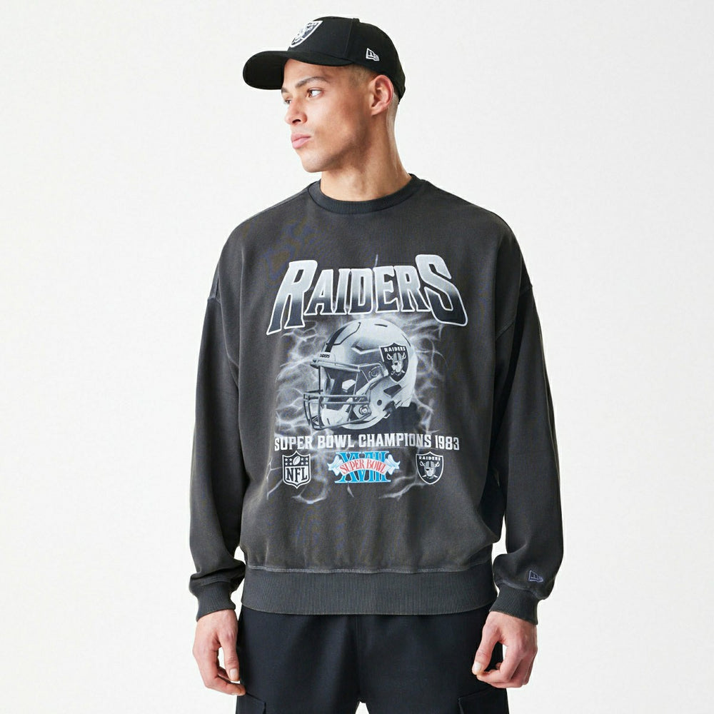Las Vegas Raiders Washed Oversized NFL Crew Neck Sweater Dark Gray - Taass US