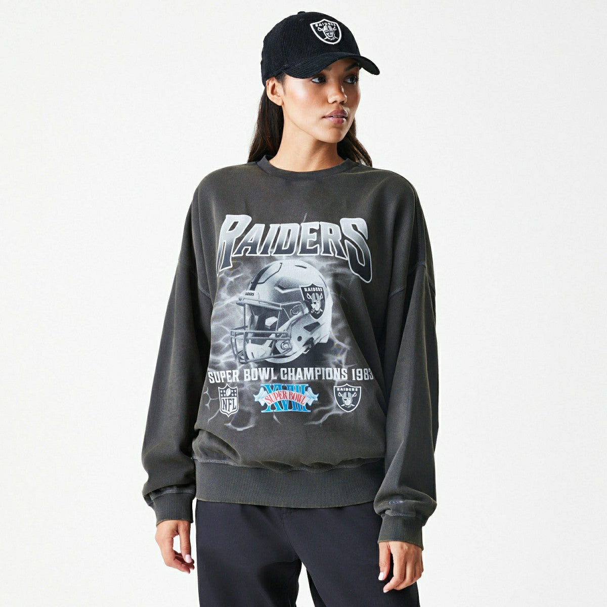 Las Vegas Raiders Washed Oversized NFL Crew Neck Sweater Dark Gray - Taass US