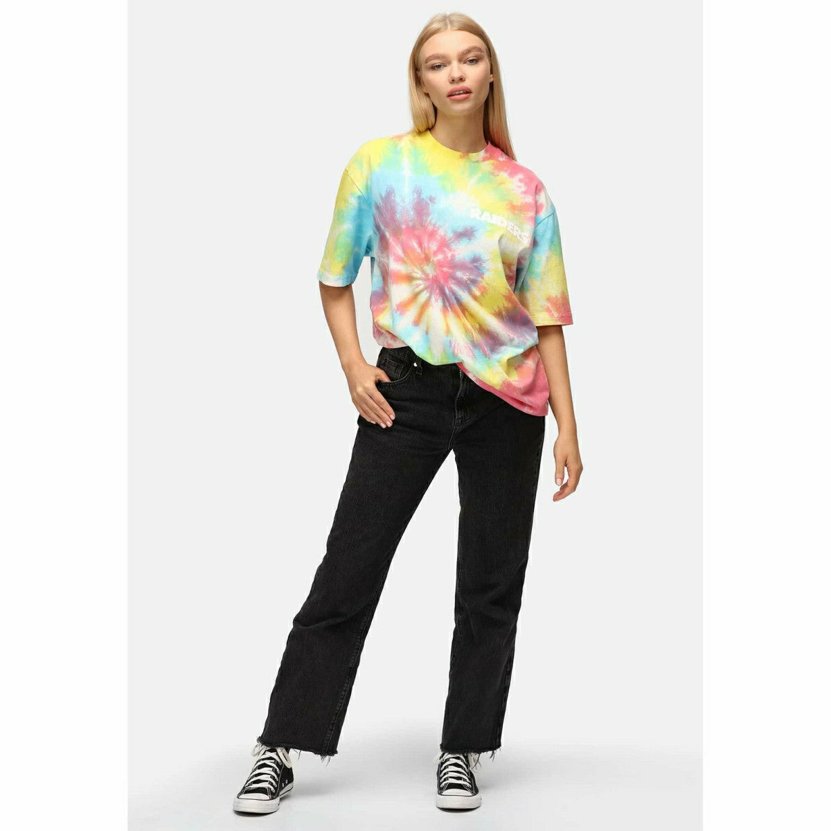 Las Vegas Raiders Rainbow Tie-Dye Recovered Relaxed NFL T-Shirt - Taass for sale