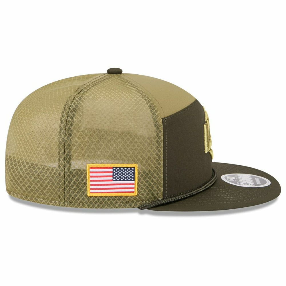 Los Angeles Rams 2025 NFL Salute to Service 9FIFTY Split Panel Trucker Snapback Cap Olive - Taass sale