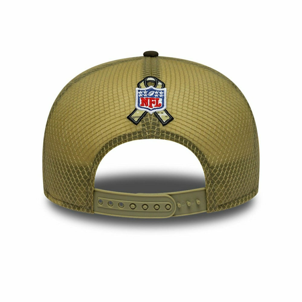 Miami Dolphins 2025 NFL Salute to Service 9FIFTY Split Panel Trucker Snapback Cap Olive - Taass Online
