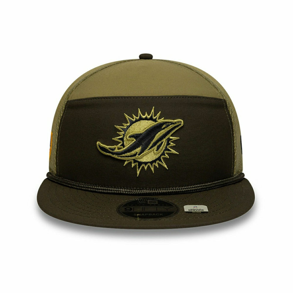 Miami Dolphins 2025 NFL Salute to Service 9FIFTY Split Panel Trucker Snapback Cap Olive - Taass Online