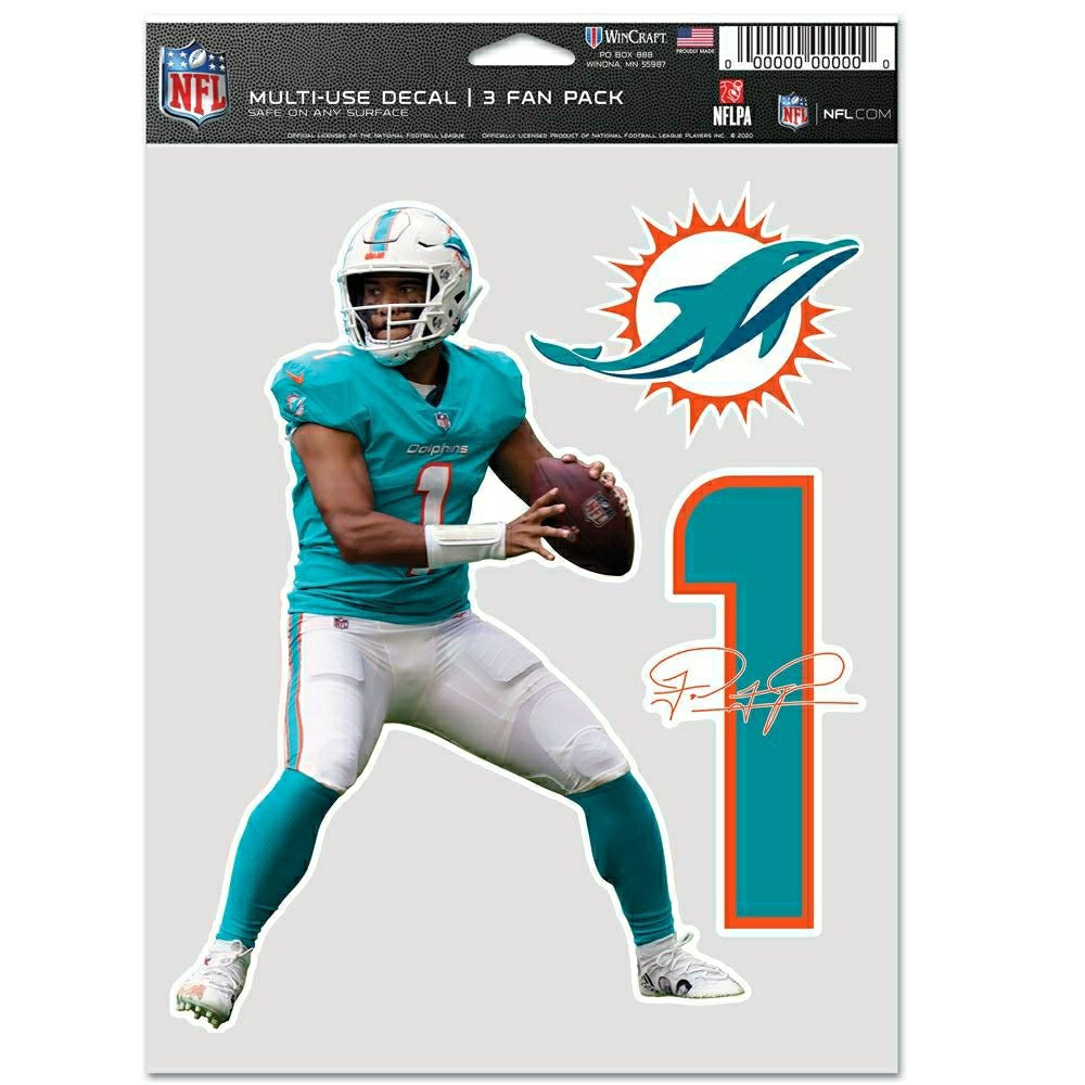 Tua Tagovailoa #1 Miami Dolphins Player NFL Decals Set (3 Pcs.) - Taass sale