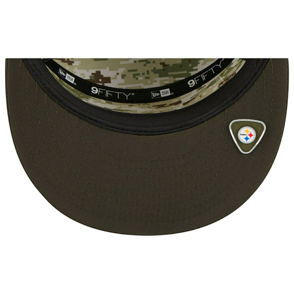 Pittsburgh Steelers 2025 NFL Salute to Service 9FIFTY Split Panel Trucker Snapback Cap Olive - Taass US
