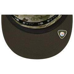 Pittsburgh Steelers 2025 NFL Salute to Service 9FIFTY Split Panel Trucker Snapback Cap Olive - Taass US