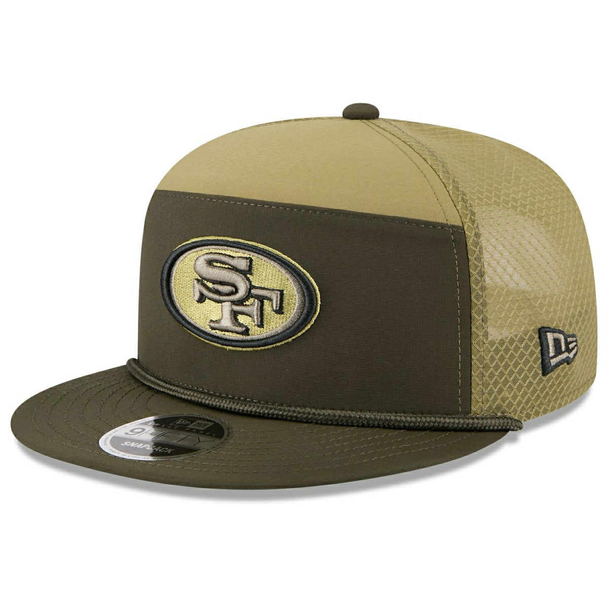 San Francisco 49ers 2025 NFL Salute to Service 9FIFTY Split Panel Trucker Snapback Cap Olive - Taass for sale