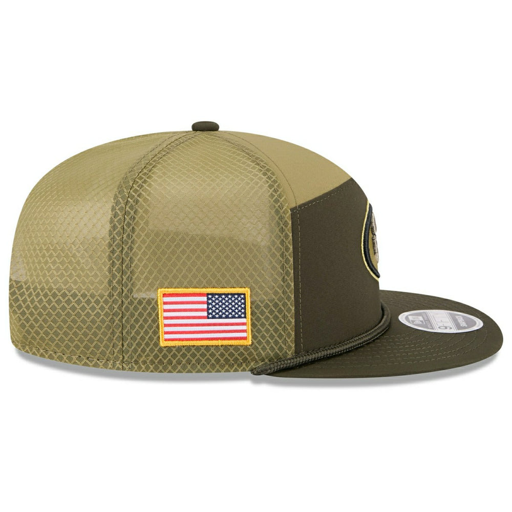 San Francisco 49ers 2025 NFL Salute to Service 9FIFTY Split Panel Trucker Snapback Cap Olive - Taass for sale
