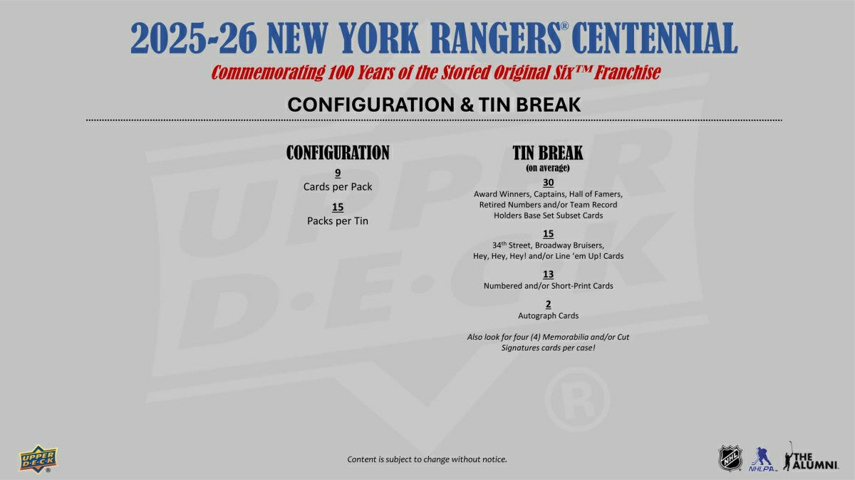 2025/26 Upper Deck New York Rangers 100 Years Centennial Hockey Hobby Tin - Taass for sale