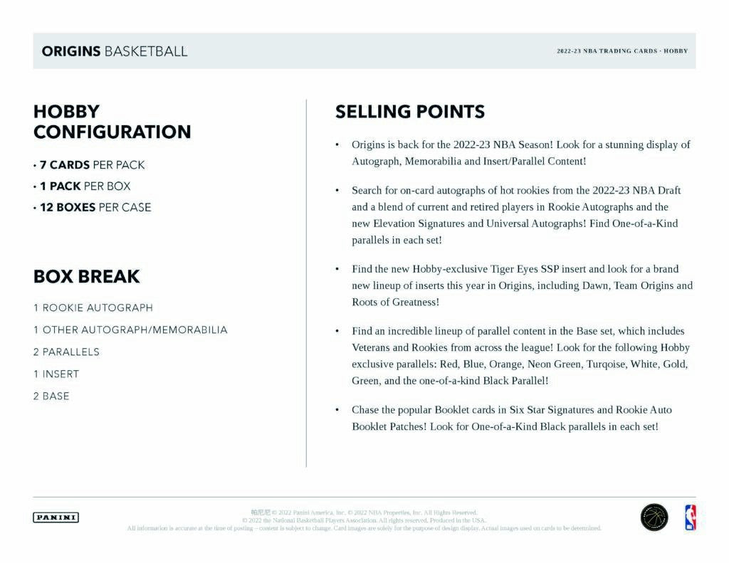 2022/23 Panini Origins Basketball NBA Hobby Box - Taass for sale