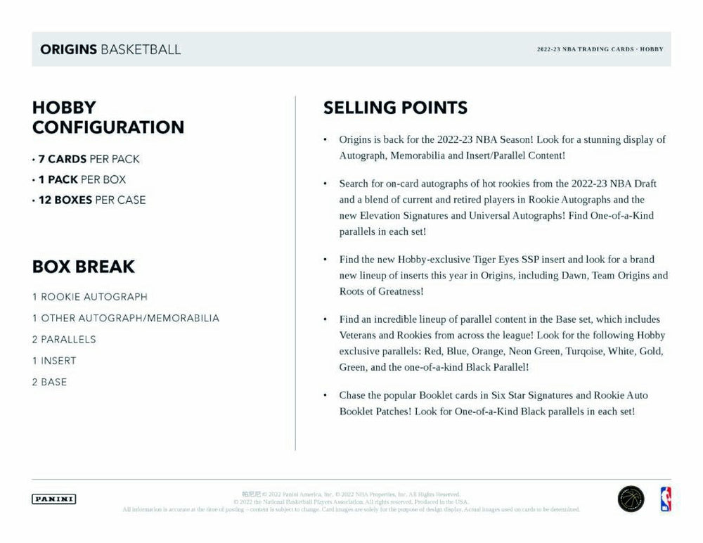 2022/23 Panini Origins Basketball NBA Hobby Box - Taass for sale