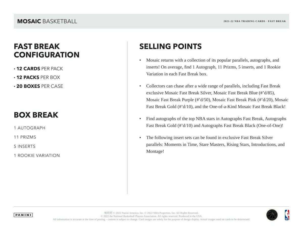 2021/22 Panini Mosaic Basketball NBA Fast Break Pack - Taass US