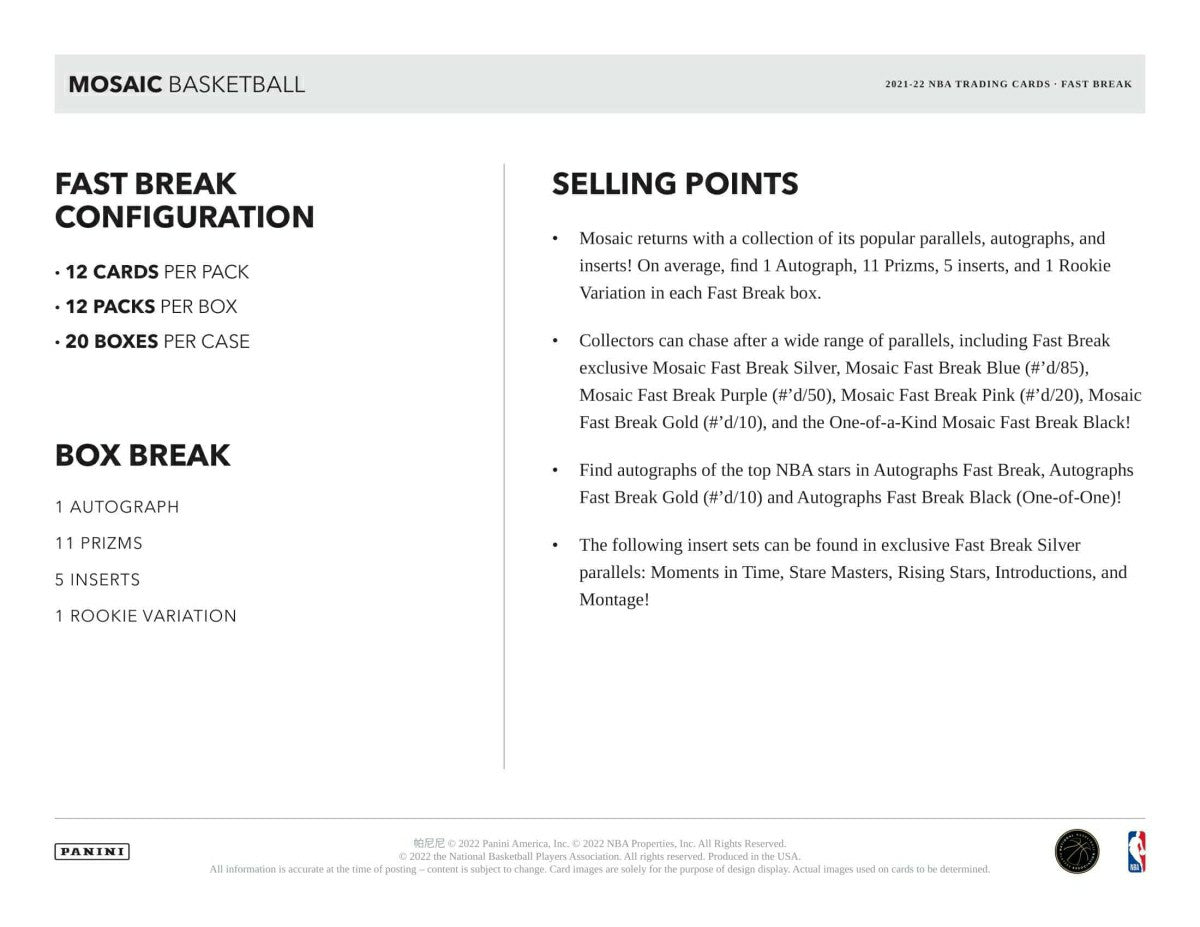 2021/22 Panini Mosaic Basketball NBA Fast Break Box - Taass on sale