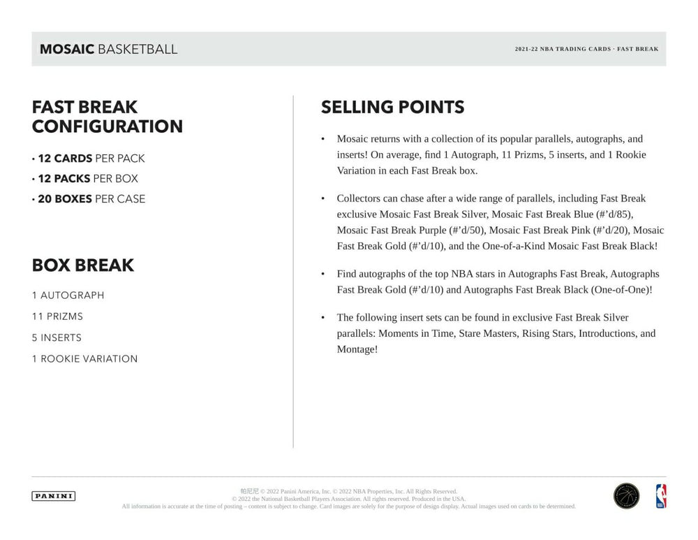 2021/22 Panini Mosaic Basketball NBA Fast Break Box - Taass on sale