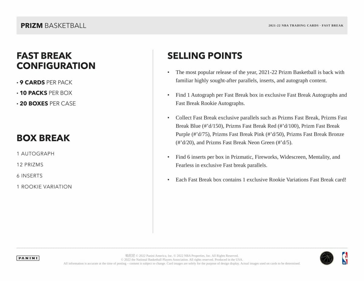 2021/22 Panini Prizm Fast Break NBA Basketball Box - Taass on sale