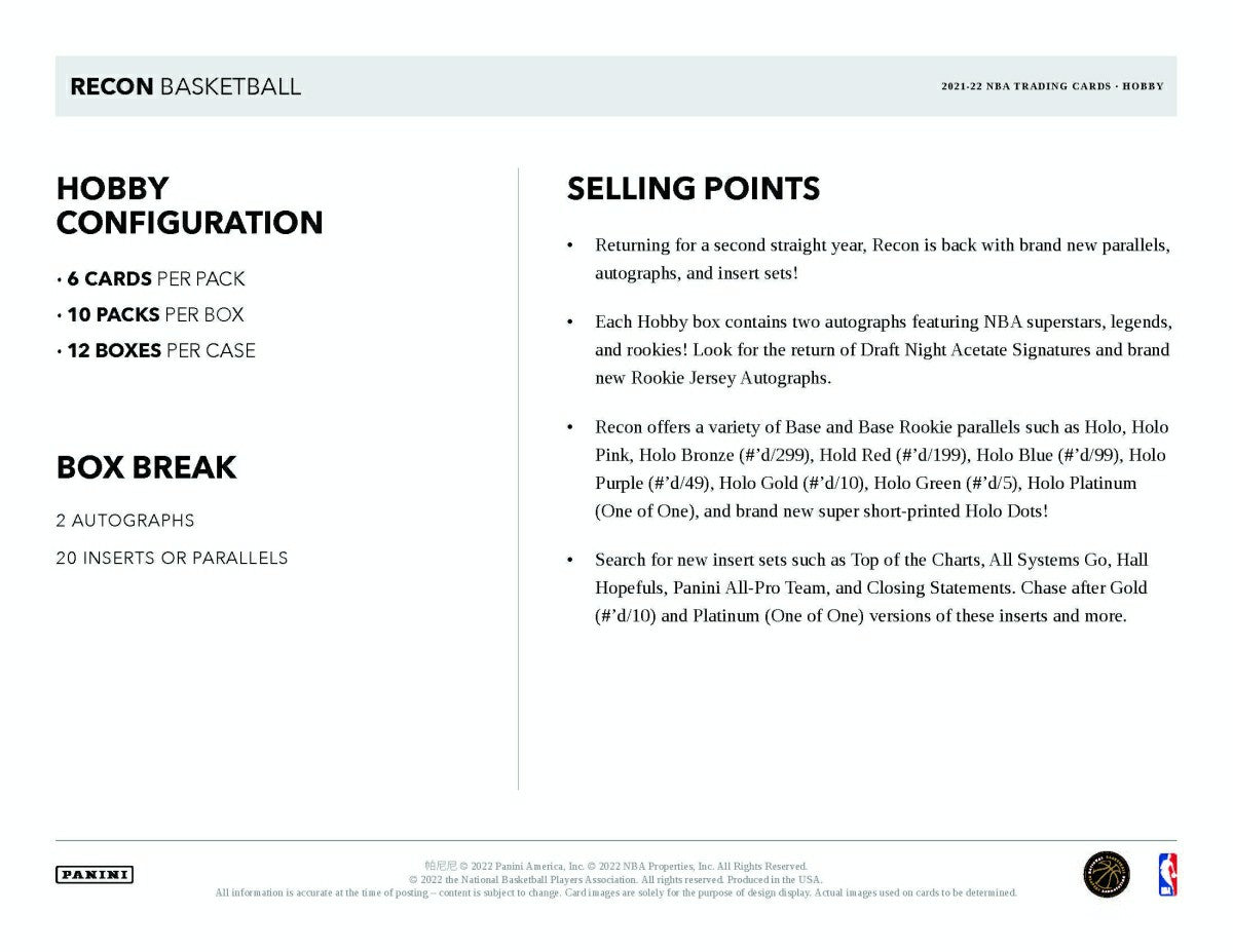 2021/22 Panini Recon Basketball NBA Hobby Box - Taass on sale