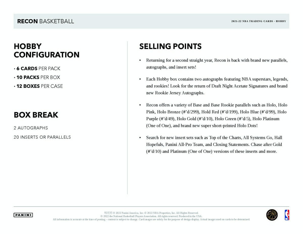 2021/22 Panini Recon Basketball NBA Hobby Box - Taass on sale