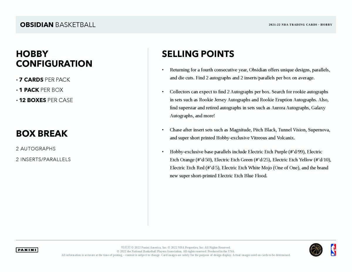 2021/22 Panini Obsidian Basketball NBA Hobby Box - Taass for sale