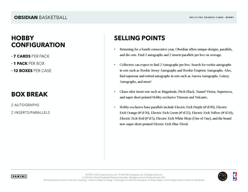 2021/22 Panini Obsidian Basketball NBA Hobby Box - Taass for sale