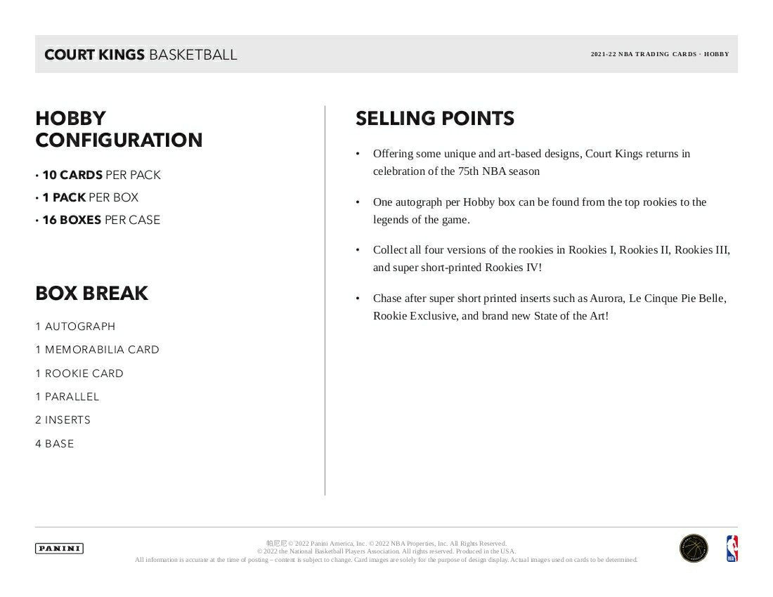 2021/22 Panini Court Kings Basketball Hobby Box NBA - Taass outlet