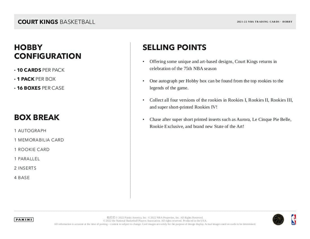 2021/22 Panini Court Kings Basketball Hobby Box NBA - Taass outlet
